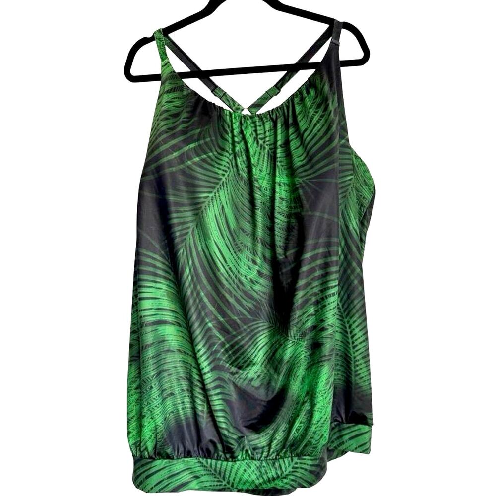 Cacique Swim Tankini Top Womens Sz 36 Black Green Palm Leaf No-Wire Blouson NWOT